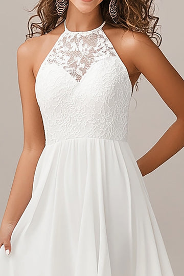 Halter A Line White Chiffon Wedding Dress with Lace